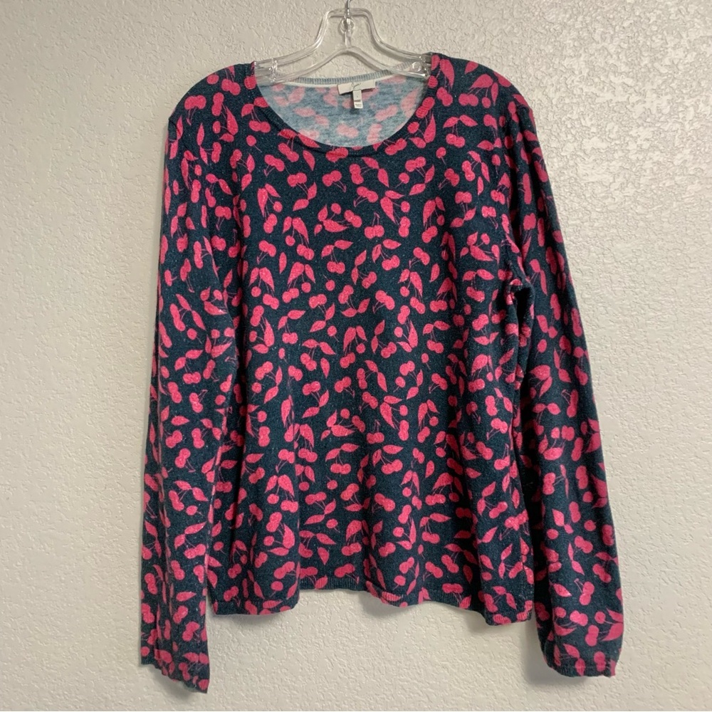 Joie Cherry Print Sweater Womens L Cashmere Cotton Crew Preppy Colorful Novelty